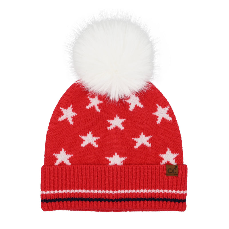 American Stars and Sriped Faux Fur Pom C.C Beanie HTC0120