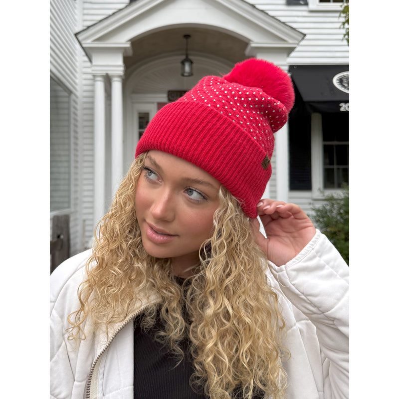 Allover Rhinestone C.C Faux Fur Pom Beanie HTE0101