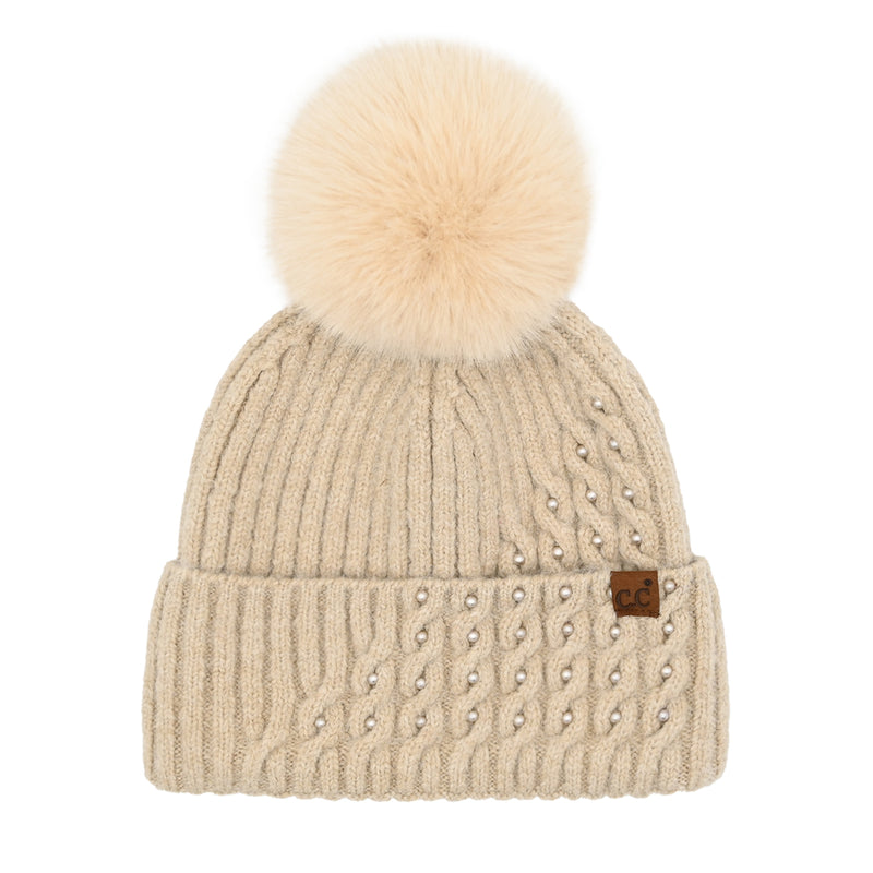 Pearl Embellished Cable Knit C.C Faux Fur Pom Beanie HTE0112