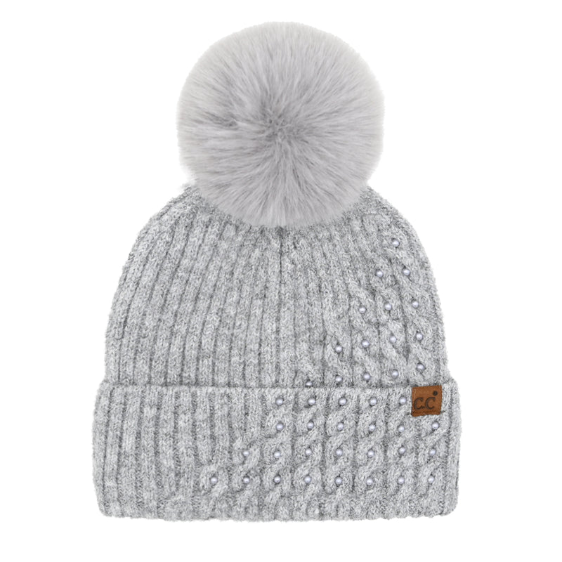 Pearl Embellished Cable Knit C.C Faux Fur Pom Beanie HTE0112