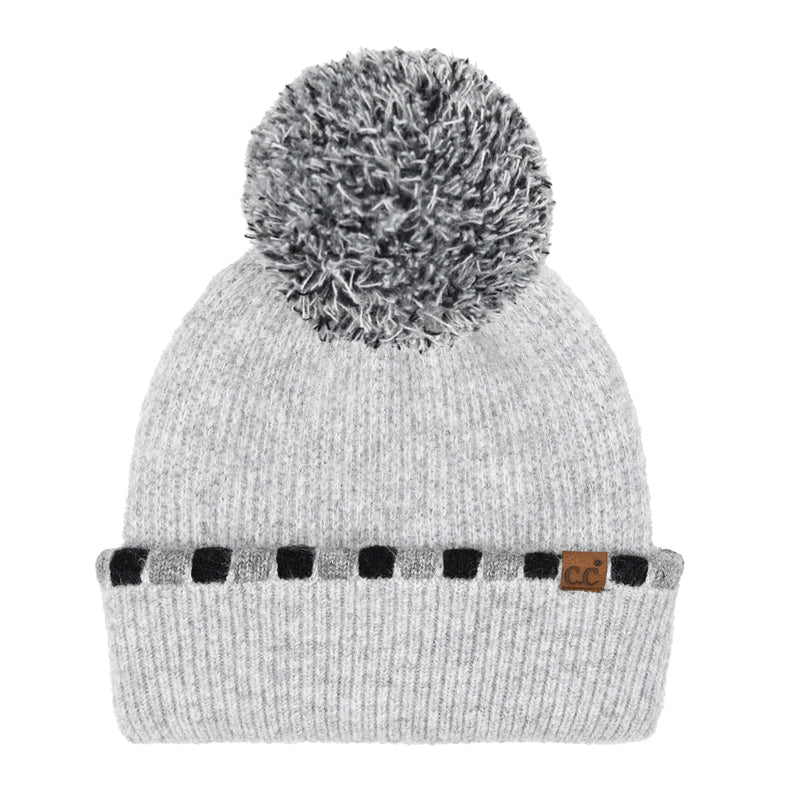 Neutral Horizontal Stripe Cuffed C.C Pom Beanie HTE0121