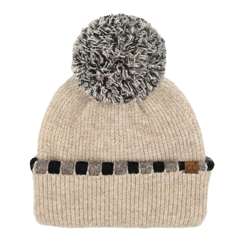 Neutral Horizontal Stripe Cuffed C.C Pom Beanie HTE0121