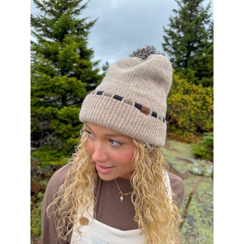 Neutral Horizontal Stripe Cuffed C.C Pom Beanie HTE0121