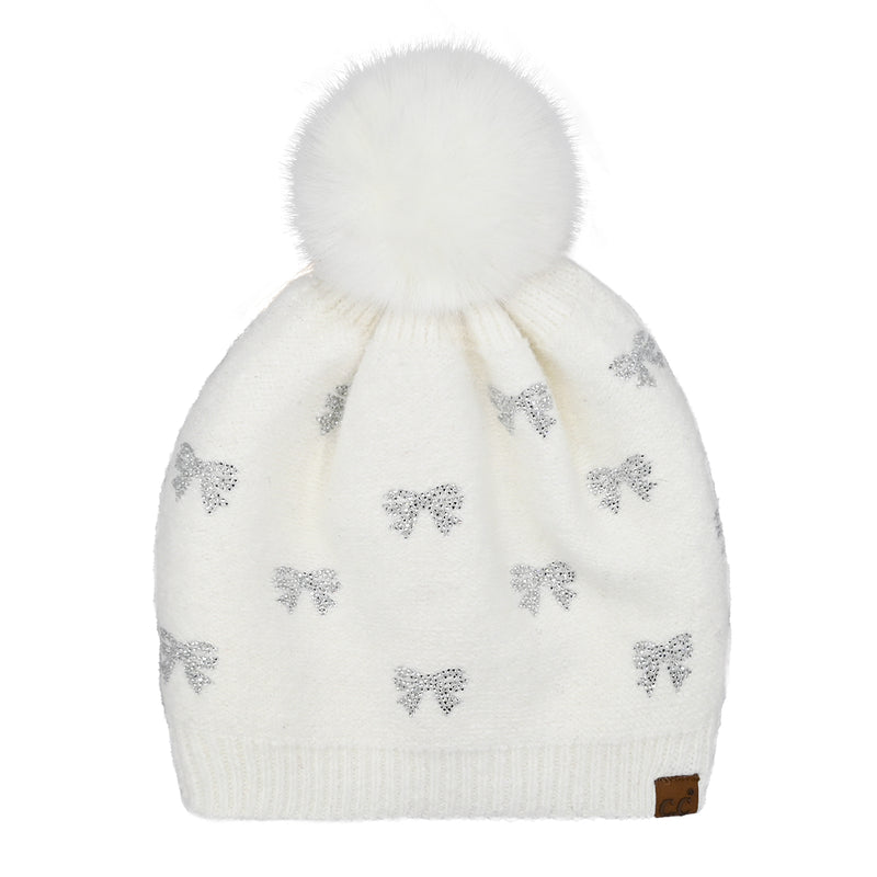 Allover Mini Rhinestone Bow C.C Faux Fur Pom Beanie HTE0136