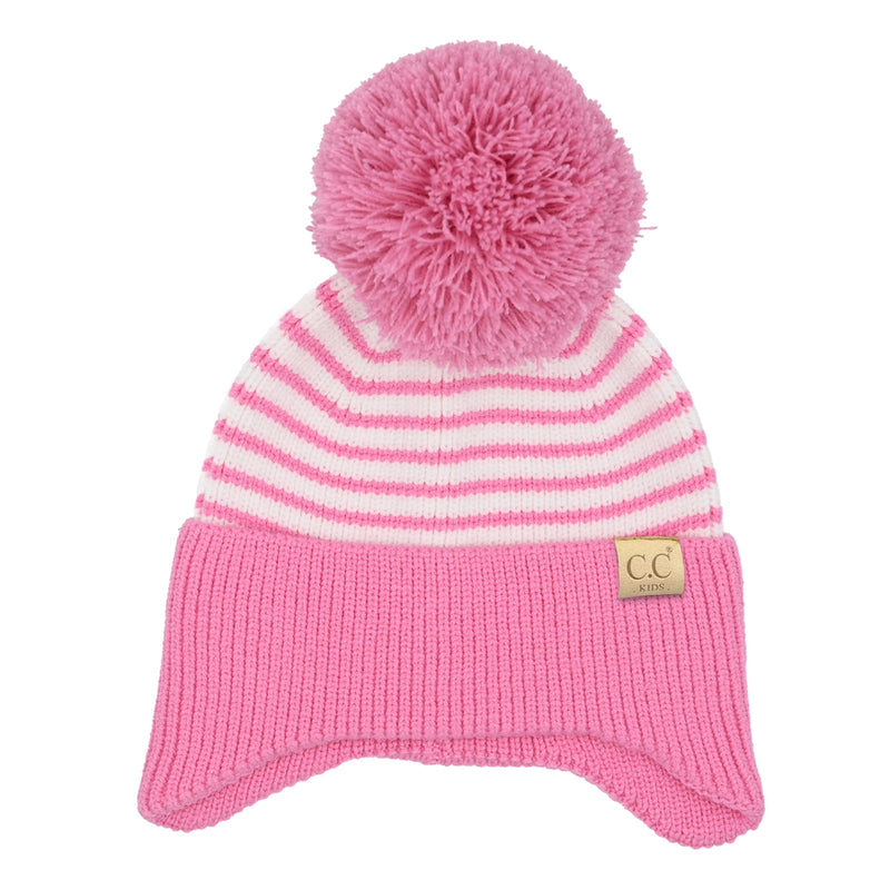 KIDS Stripe Earflap Yarn C.C Pom Beanie KDHTC0097