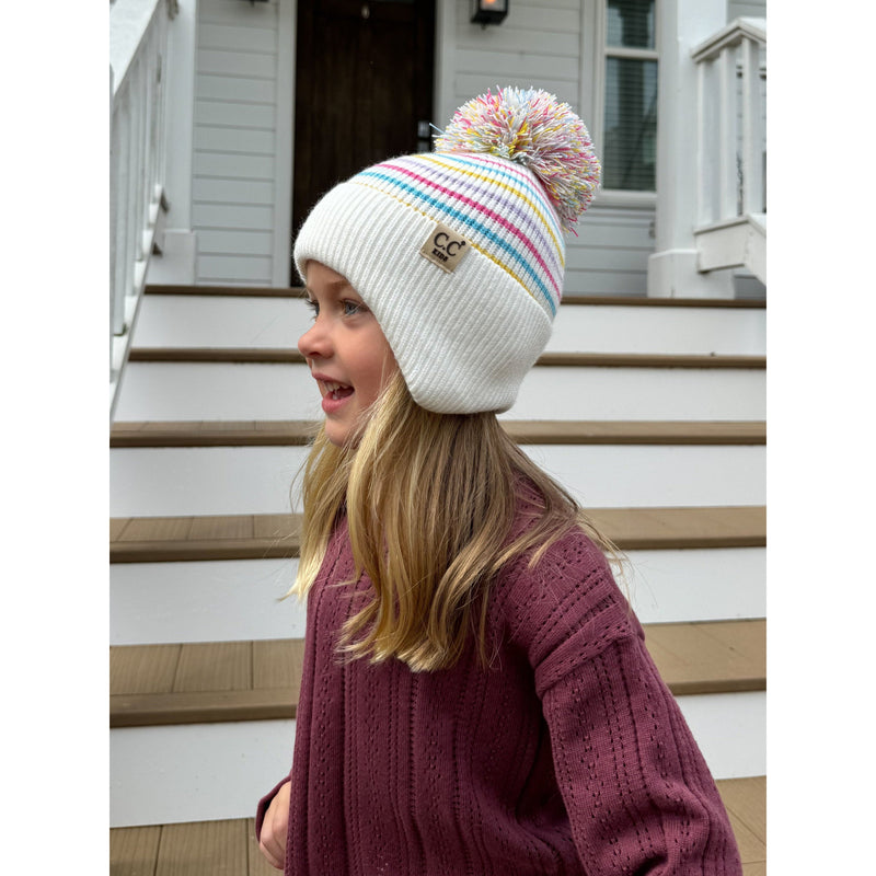 KIDS Stripe Earflap Yarn C.C Pom Beanie KDHTC0097