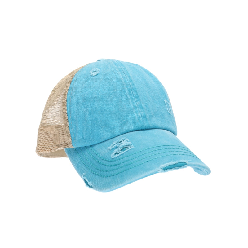 Washed Denim Criss Cross High Pony CC Ball Cap BT780