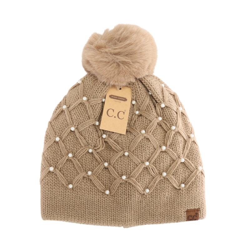 Allover Pearl Crochet C.C Faux Fur Pom Beanie HTE0128