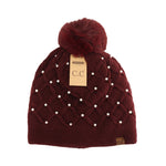 Allover Pearl Crochet C.C Faux Fur Pom Beanie HTE0128