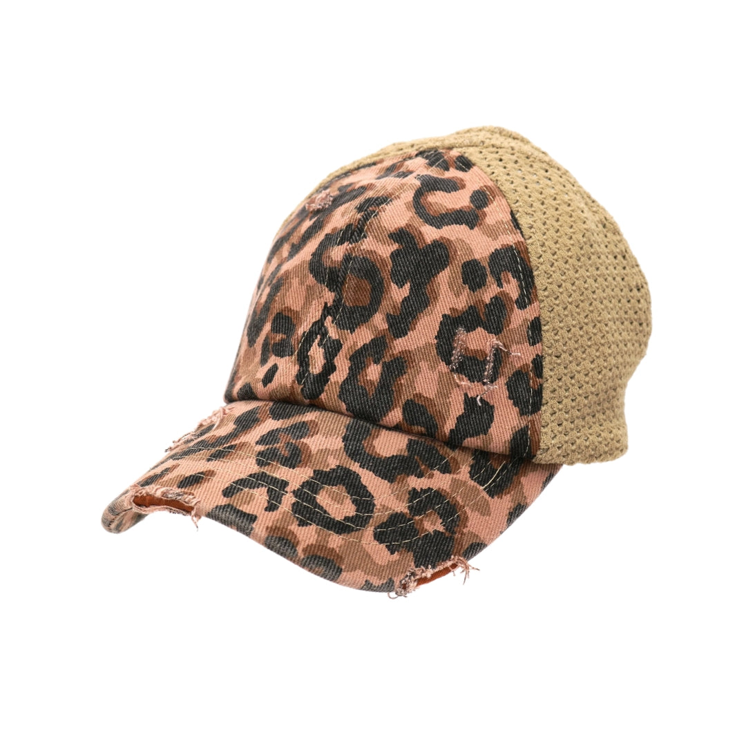 Leopard Print Cc Ponytail Caps Leopard Distressed Stretch Mesh