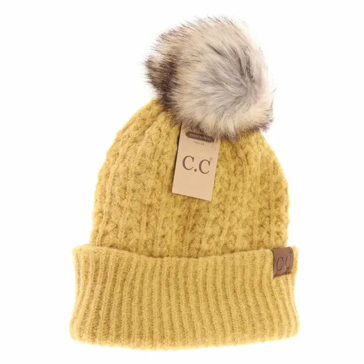 Solid Smocked Stitch Fur Pom C.C Beanie HAT2080