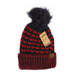 Fuzzy Lined Heart Knit Fur Pom CC Beanie HAT2381
