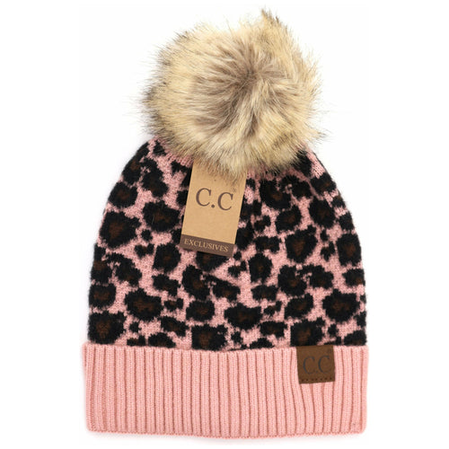 Animal Print Fur Pom CC Beanie HAT2315