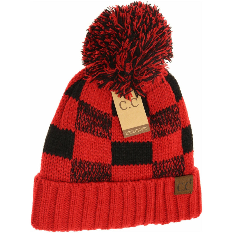 Fuzzy Lined NEW Buffalo Check Print CC Pom Beanie HAT58