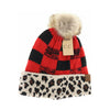 Leopard/Buffalo Mixed Print Fur Pom C.C Beanie HAT2084