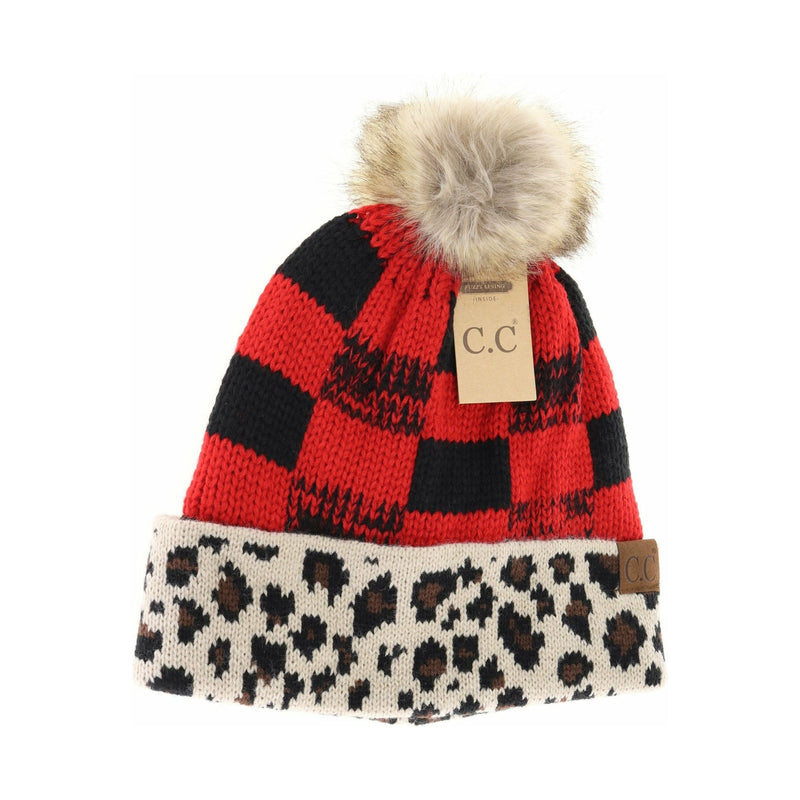 Leopard/Buffalo Mixed Print Fur Pom Beanie HAT2084 –