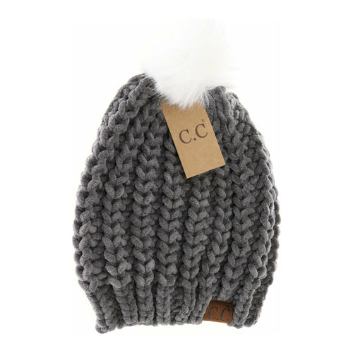 Chenille Chunky Knit Faux Fur Pom C.C Beanie HAT2086