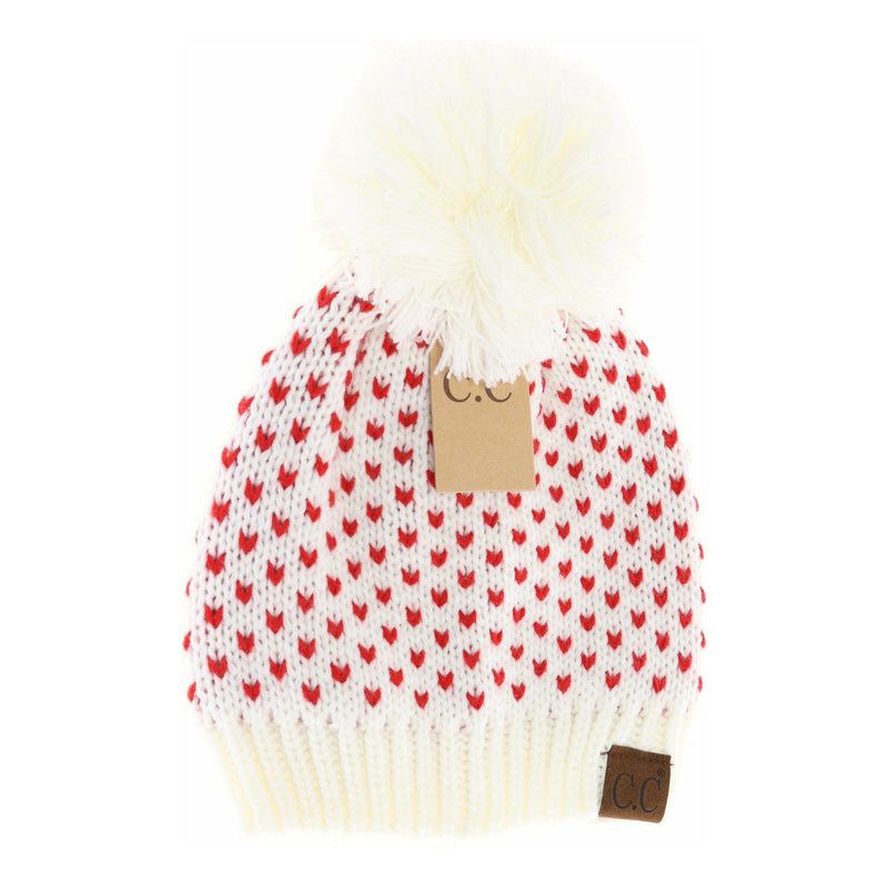 Cream heart knit beanie pom pom hat – HoneyBean