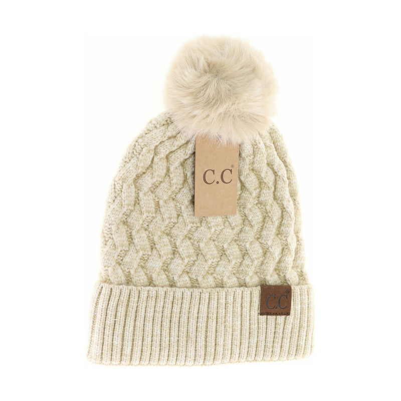 Woven Cable Knit Cuffed Matching Fur Pom C.C Beanie HAT3861