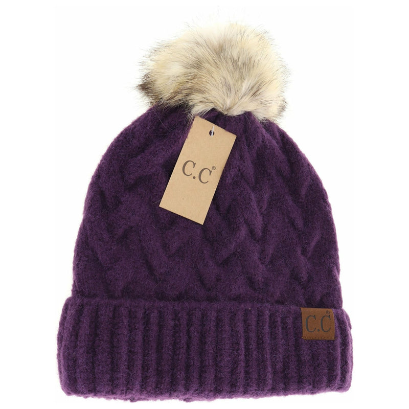 Chunky Braided Cable Knit Fur Pom C.C Beanie HAT7384