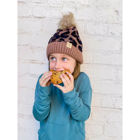 Leopard Pom Beanie Latte