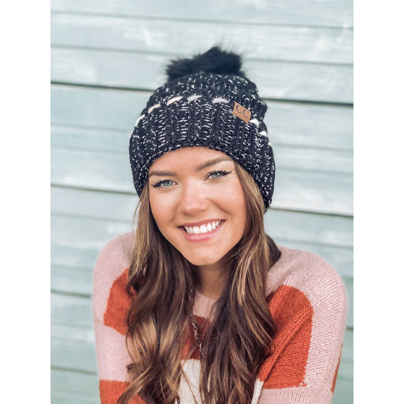 Fuzzy Lined Ombre Thread Accent Pom CC Beanie HAT1826