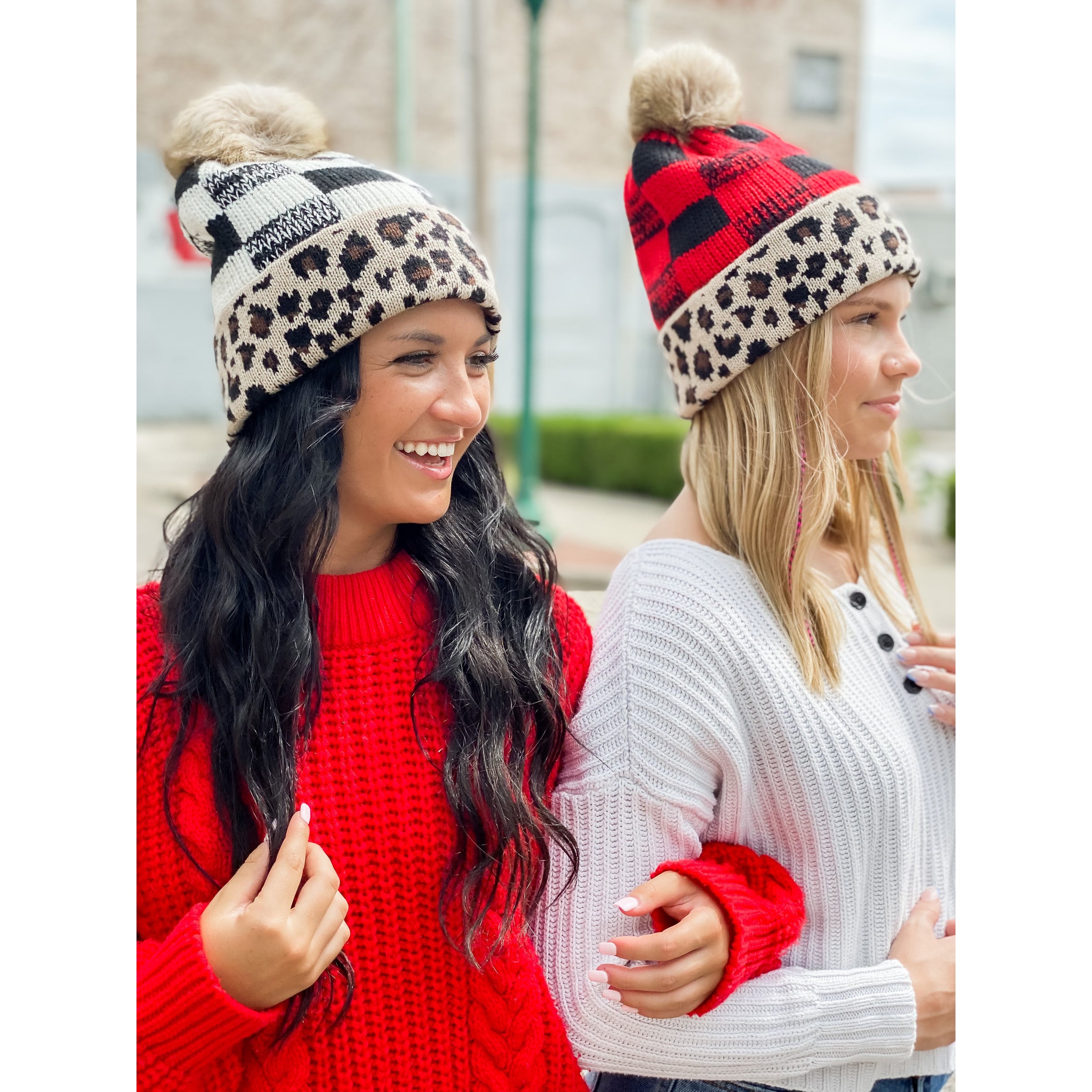 Leopard/Buffalo Mixed Print Fur Pom Beanie HAT2084 –