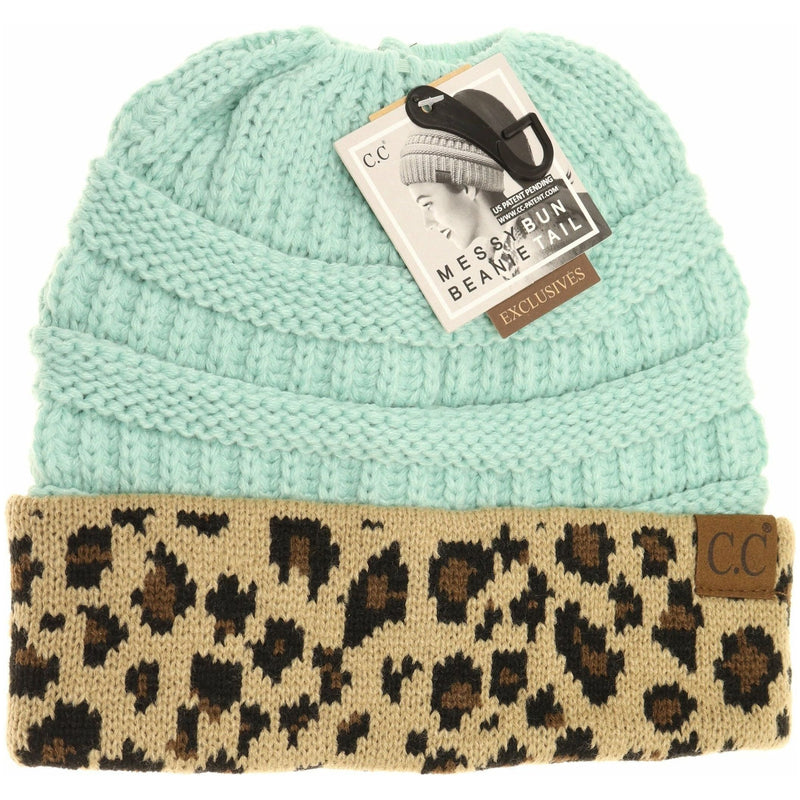 Leopard Ponytail Beanie Hat