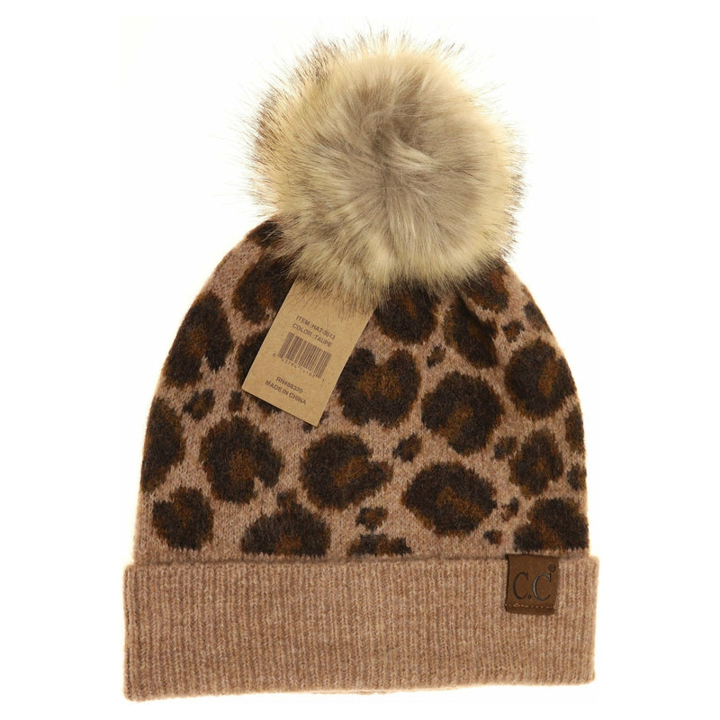 Leopard Pattern Faux Fur Pom Beanie HAT3513