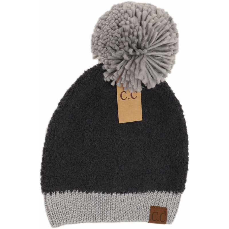 Color Block Knitted Sherpa Pom Beanie HAT2069