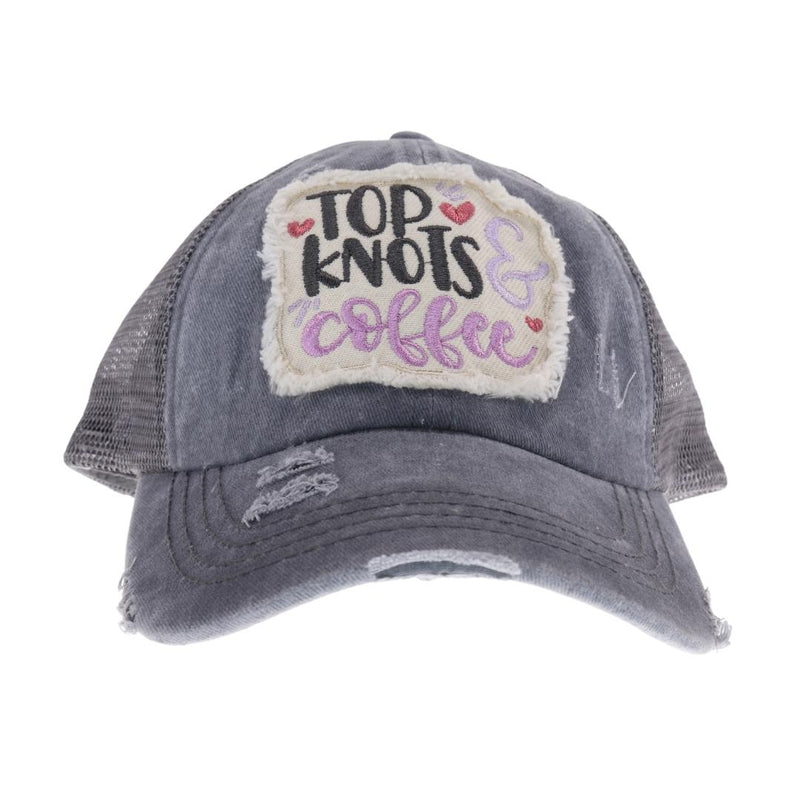 Embroidered Top Knots and  Coffee Patch C.C High Pony Criss Cross Ball Cap BT1001