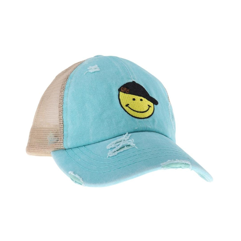 C.C Smiley Face Embroidered Criss Cross High Pony C.C Ball Cap BT1015