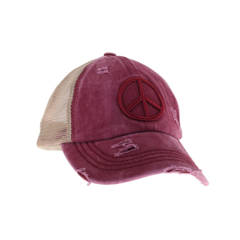 Distressed Embroidered Peace Sign Criss Cross High Pony C.C Ball Cap BT1017