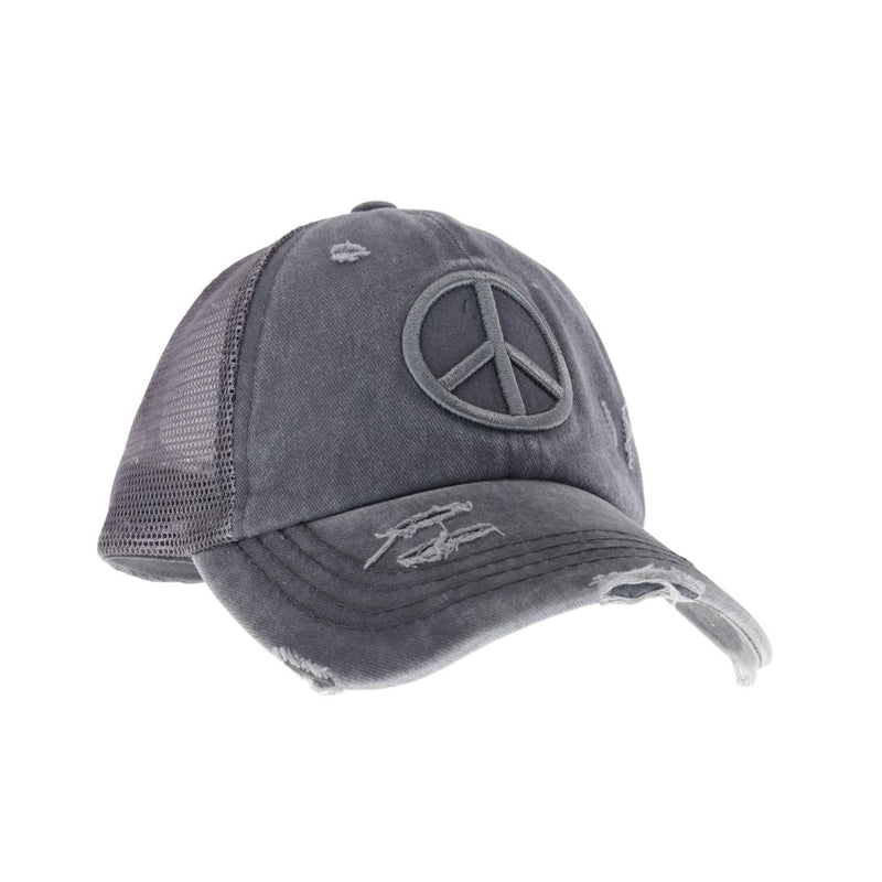 Distressed Embroidered Peace Sign Criss Cross High Pony C.C Ball Cap BT1017