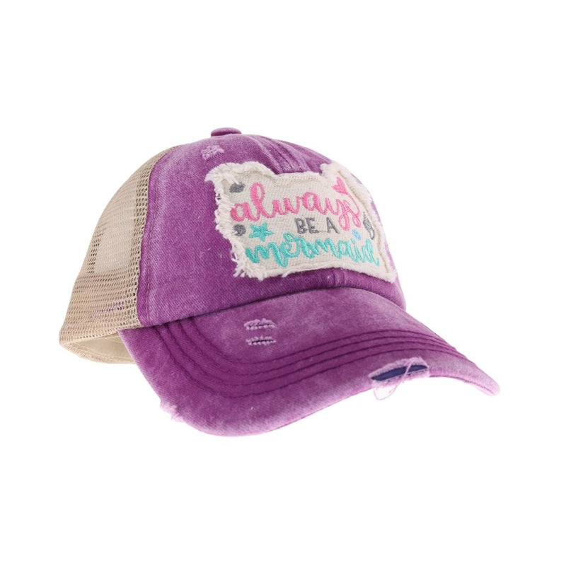 KIDS Embroidered Always Be A Mermaid Patch Criss Cross High Pony C.C Ball Cap KIDSBT1019