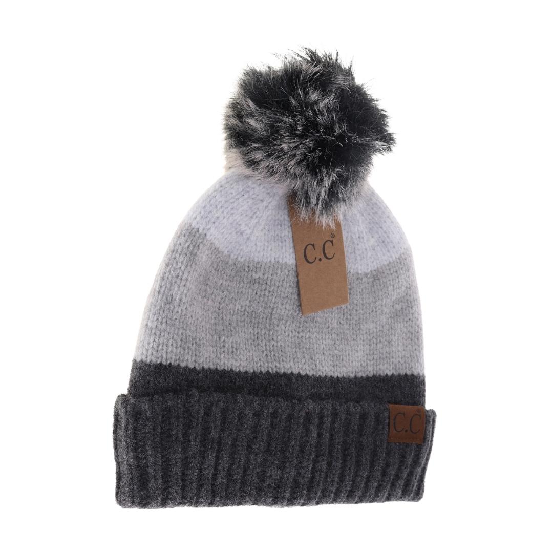 C.C Multi Color Yarn Pom Beanie-HTE0029 - HANA WHOLESALE