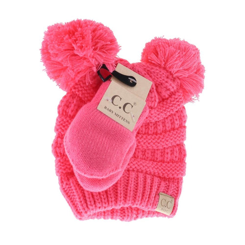 BABY Solid Knit Double Pom C.C Beanie with Mitten SET BABYSET4