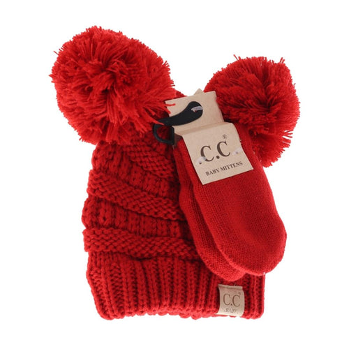 BABY Solid Knit Double Pom C.C Beanie with Mitten SET BABYSET4