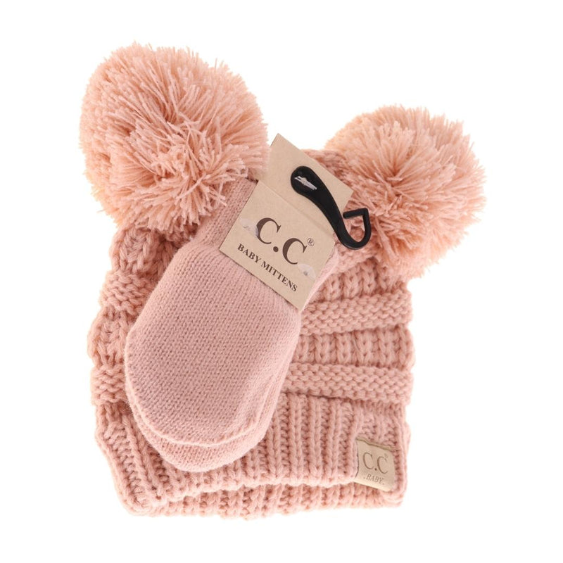 BABY Solid Knit Double Pom C.C Beanie with Mitten SET BABYSET4