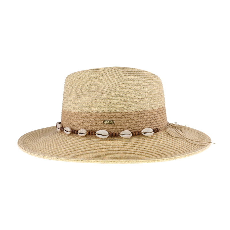 Two-Tone Shell & Wood Bead Trim C.C Panama Hat STH02
