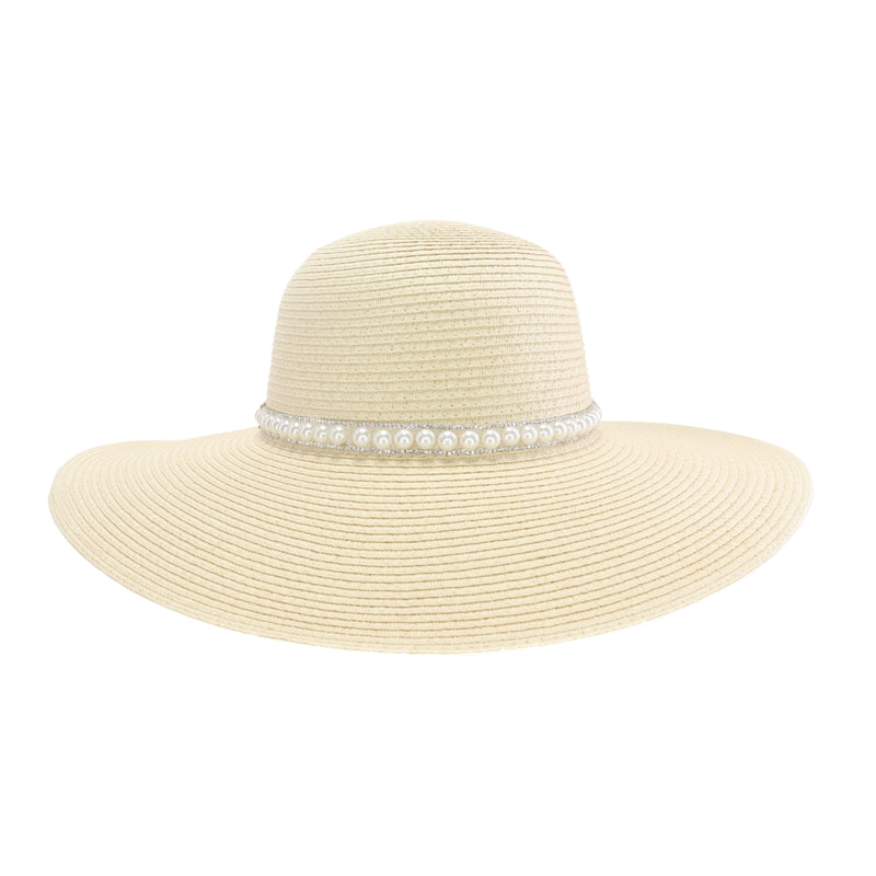 Wide Brim Pearl Embellished C.C Panama Hat STI03