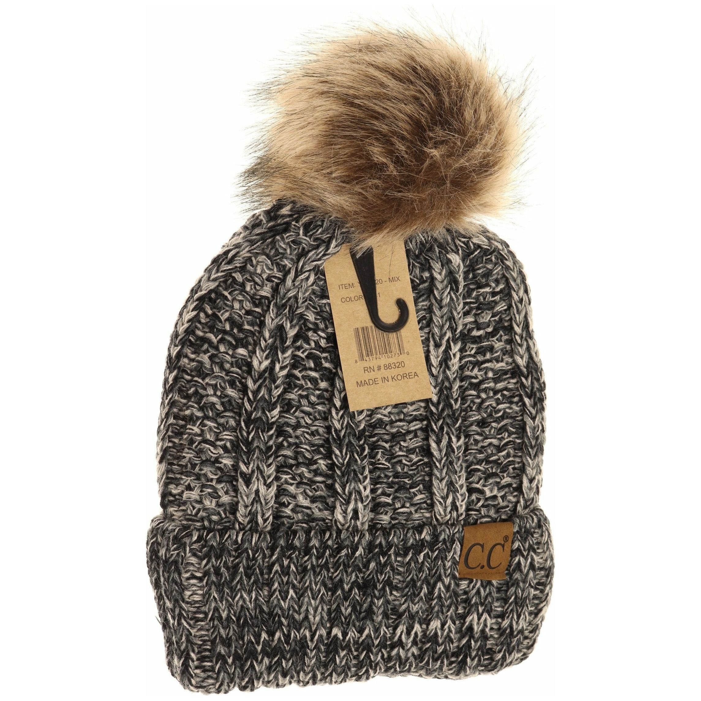 Fuzzy Lined Multi Tone Fur Pom CC Beanie YJ820MIX