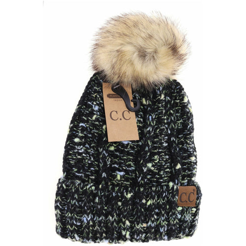 Fuzzy Lined Confetti Knit Fur Pom CC Beanie YJ823