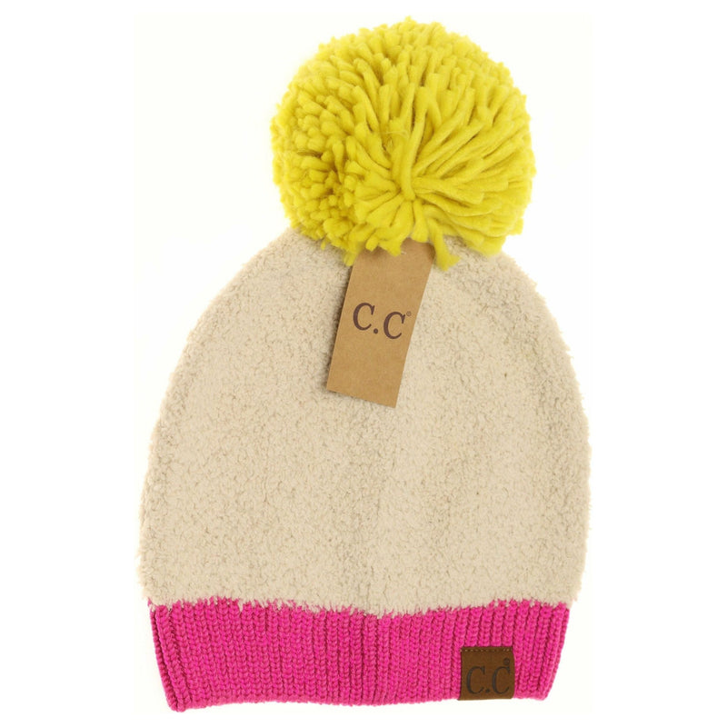 Color Block Knitted Sherpa Pom Beanie HAT2069